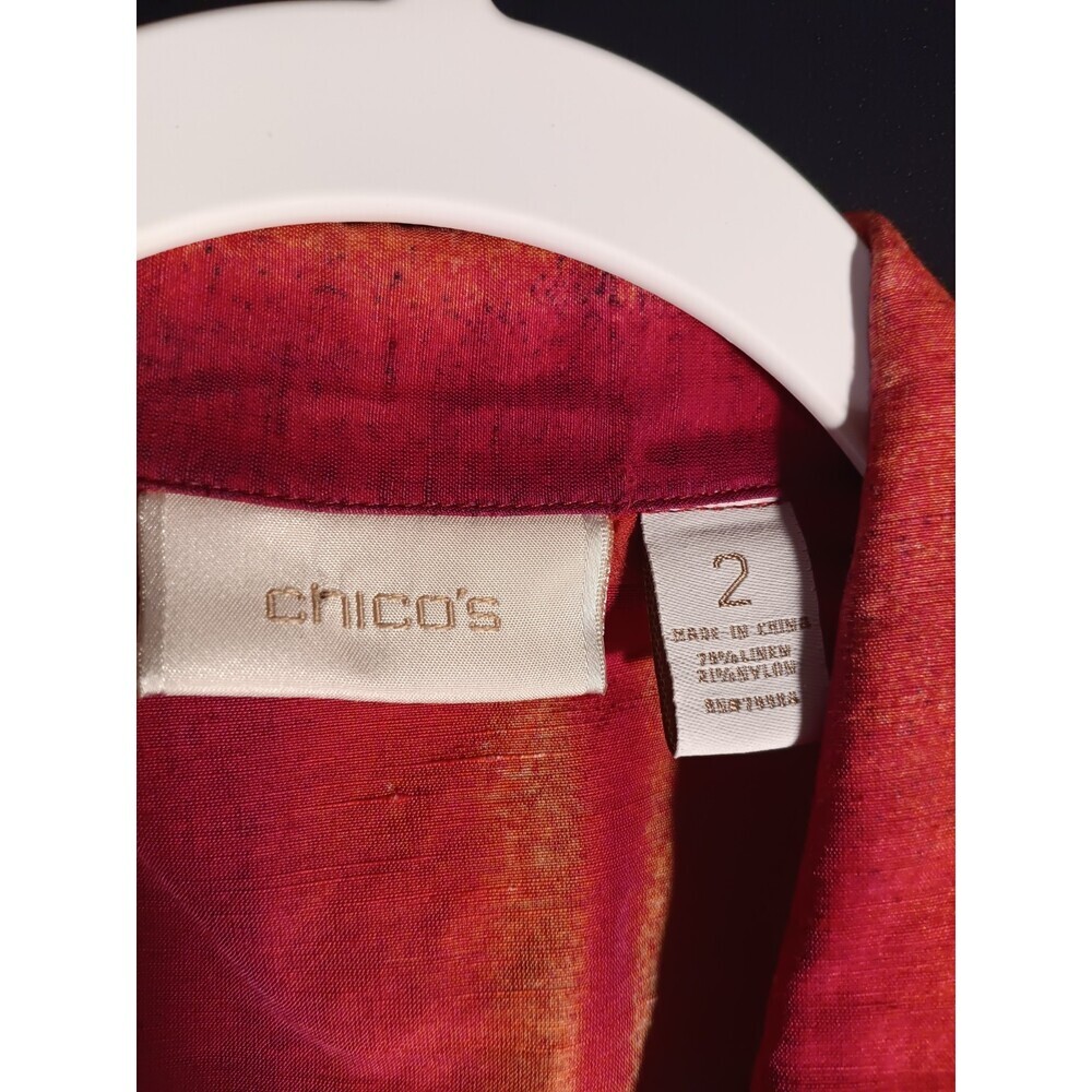 Chico’s Size 2 Linen Blend Jacket Semi Sheer Red Pink Stripe Drawstring Boho - Picture 4 of 6